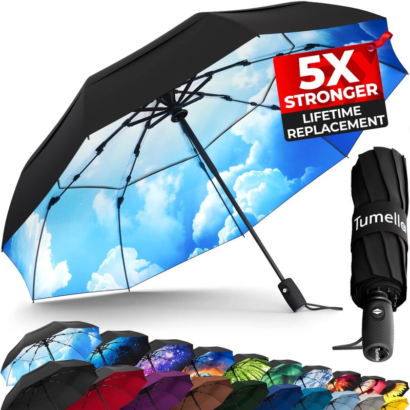 TUMELLA Strongest Windproof Travel Umbrella (Compact  Superior & Beautiful)  Small Strong but Light Portable and Automatic Folding Rain Umbrella  Durable Premium Grip  Fits Car & Backpack - Image 1